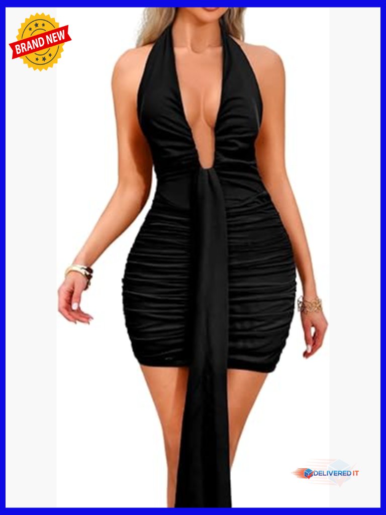 Sexy Halter Backless Mesh Mini Dress, Ruched Bodycon For Party Club